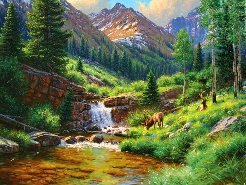 Elk Near Waterfall — Green