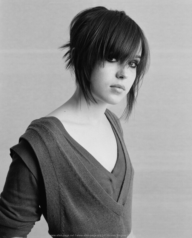 Ellen Page in a black and white portrait