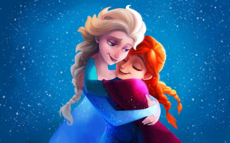 Elsa and Anna Hugging — Blue, Warm, Winter