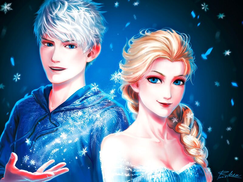Elsa and Jack Frost — Blue, Magical, Night, Digital Art, Snowflakes