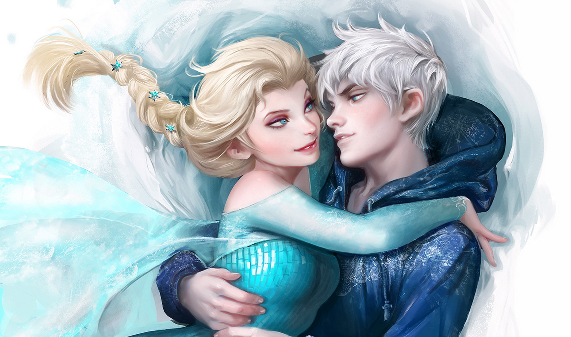 Elsa and Jack Frost embrace