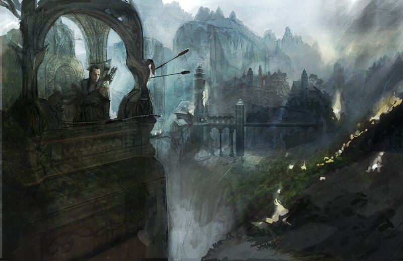 Elven archer overlooking a misty city