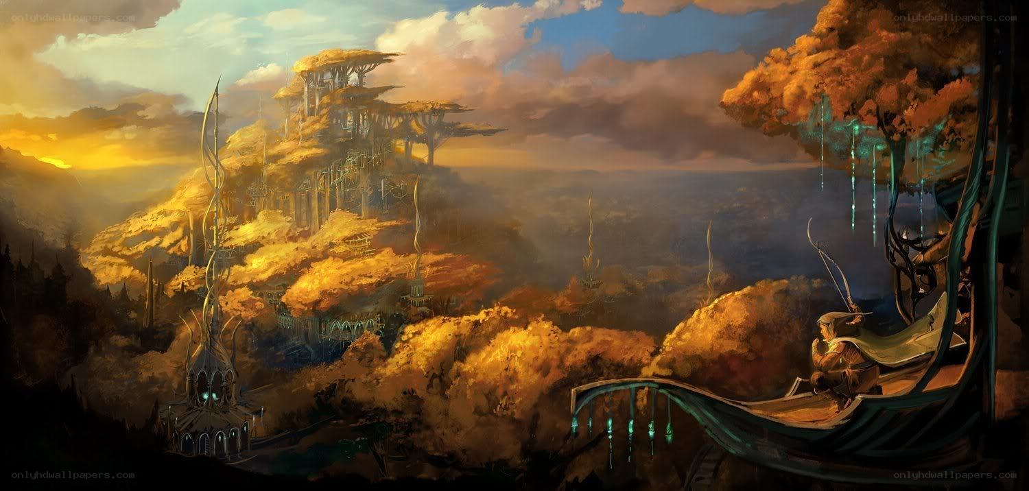 Elven city at sunset
