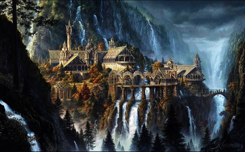 Elven City in Mountains — Green, Dramatic, Digital Art