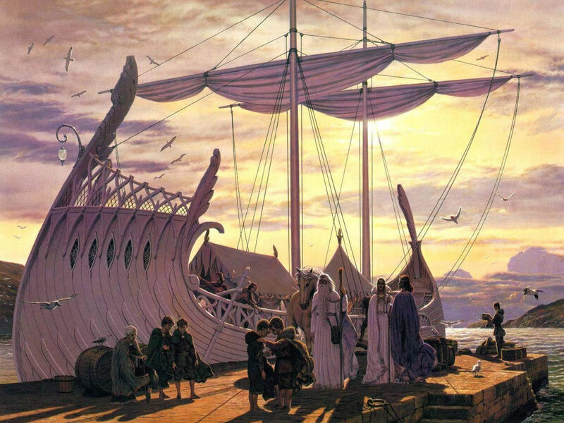 Elven ship at sunset