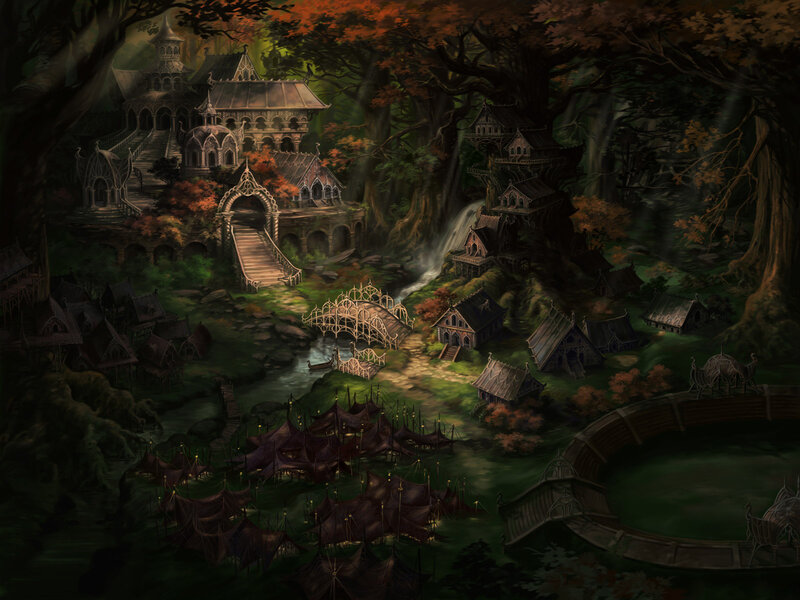 Elven village in autumn forest