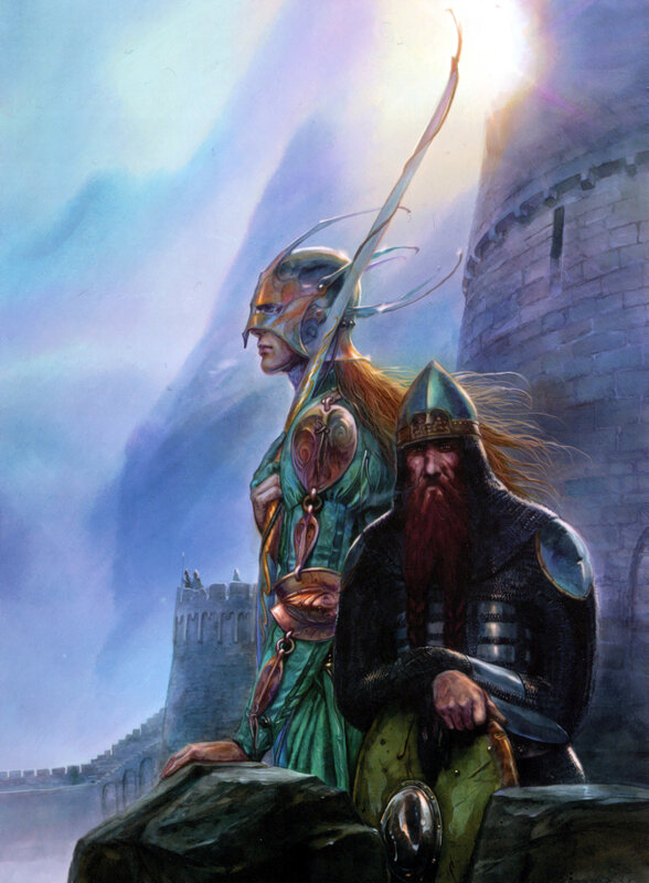 Elven warrior and dwarf on a castle wall