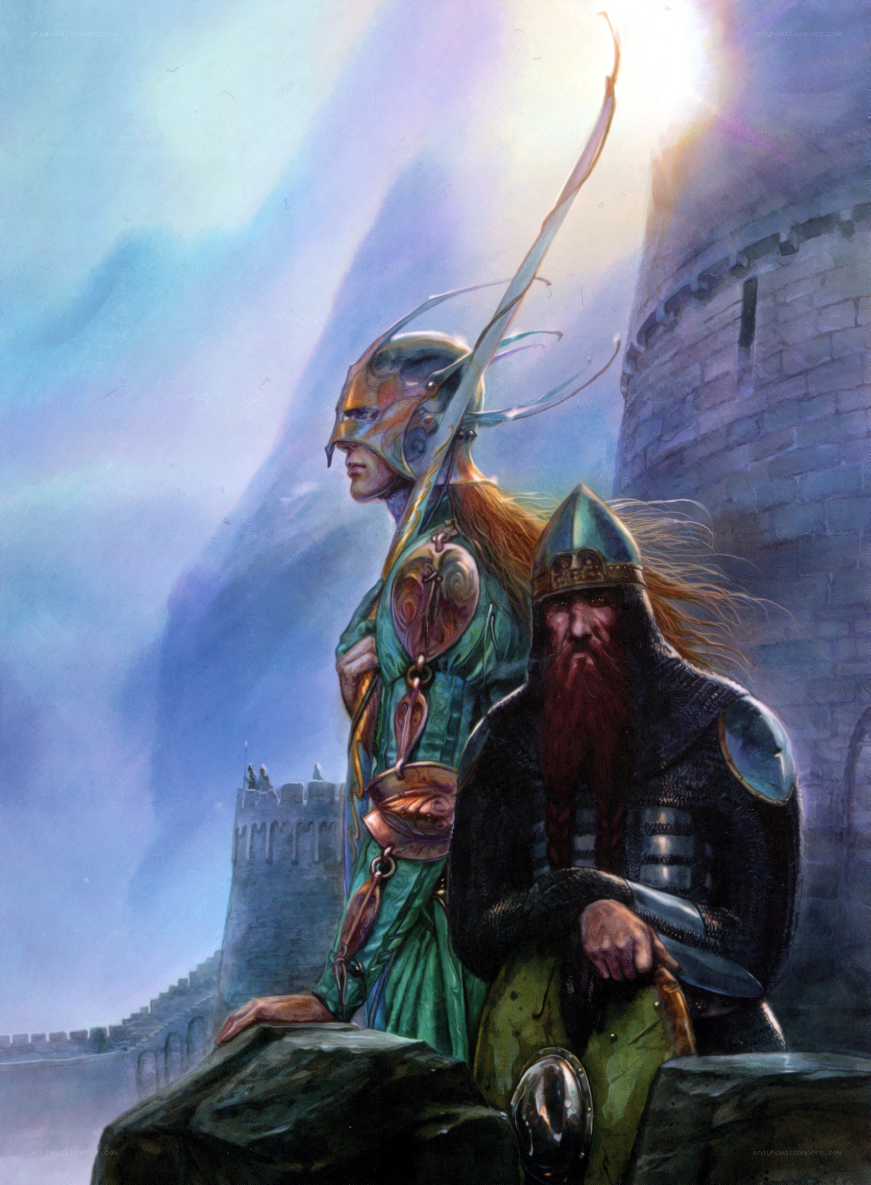 Elven warrior and dwarf on a castle wall