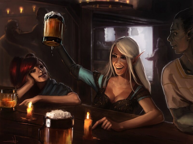 Elven woman toasts at tavern