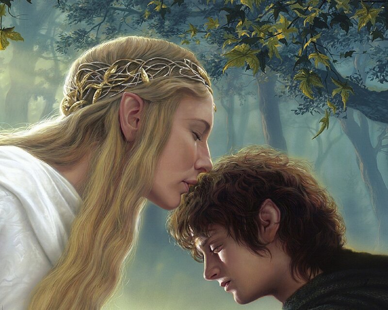 Elven woman with hobbit in forest