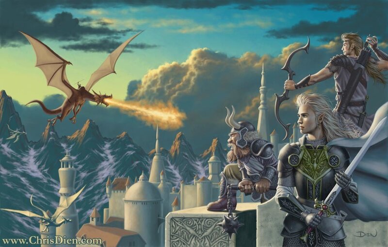 Elves and Dwarf on Castle Wall