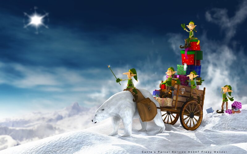 Elves delivering gifts on polar bear