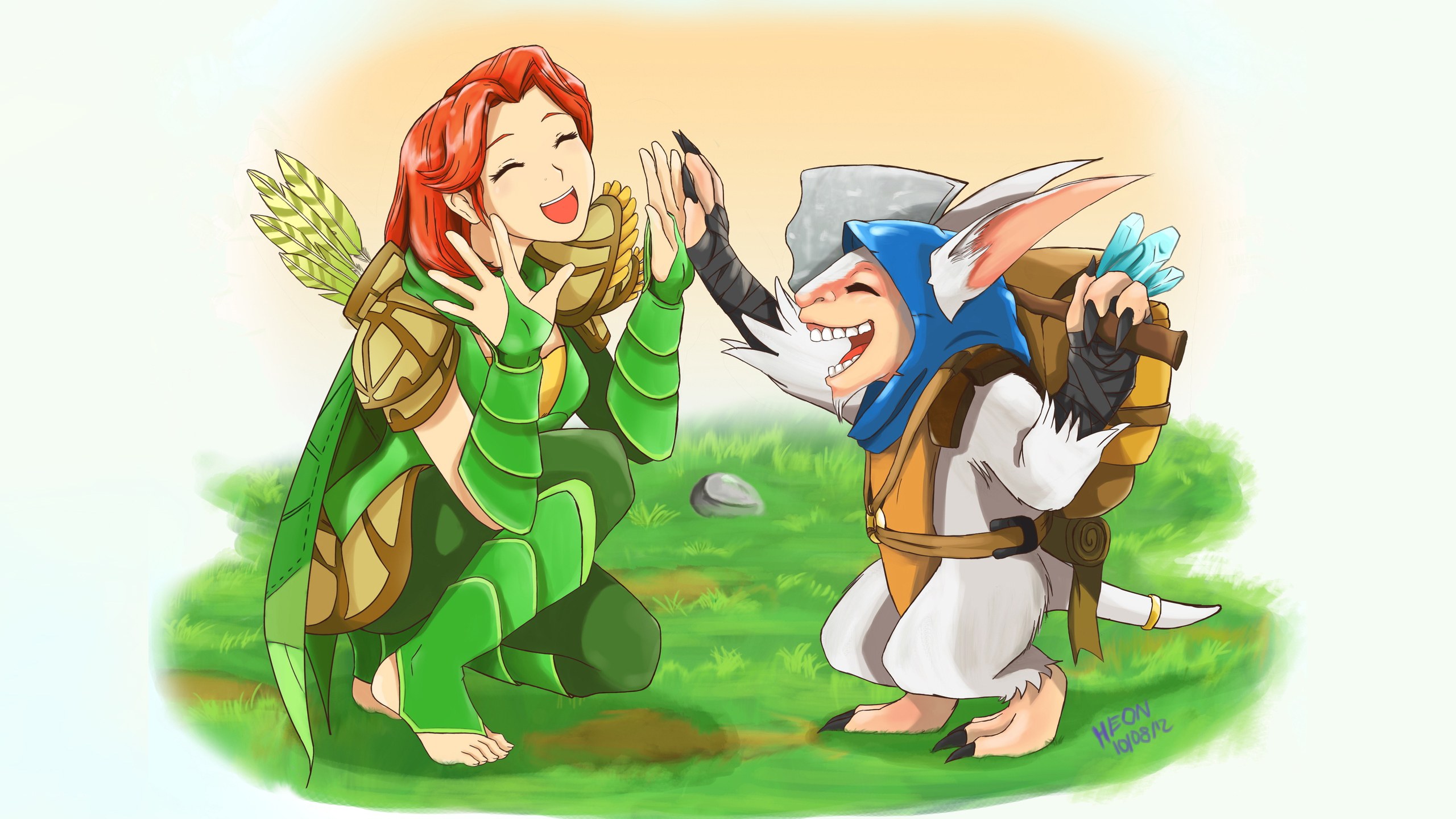 elves high-fiving in a field