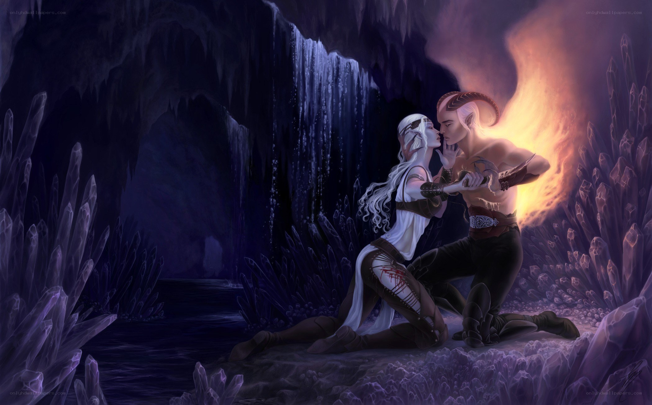 elves in a cave embrace