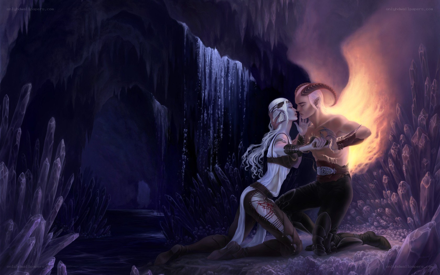 elves in a cave embrace
