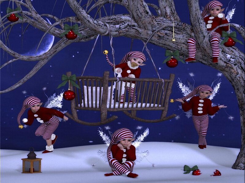 Elves in a Snowy Tree