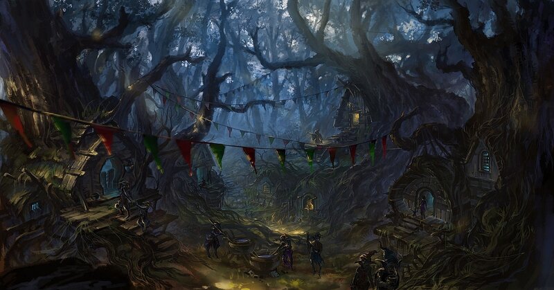 Elves in Forest Village — Green, Mysterious
