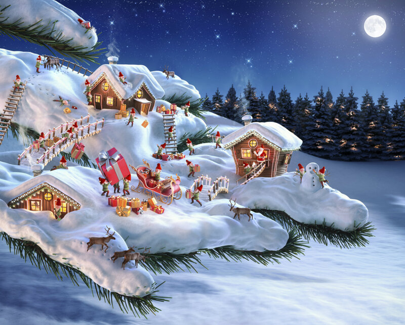 Elves in Snowy Village — White, Festive