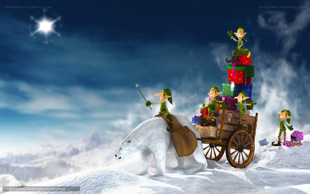 elves on a polar bear cart