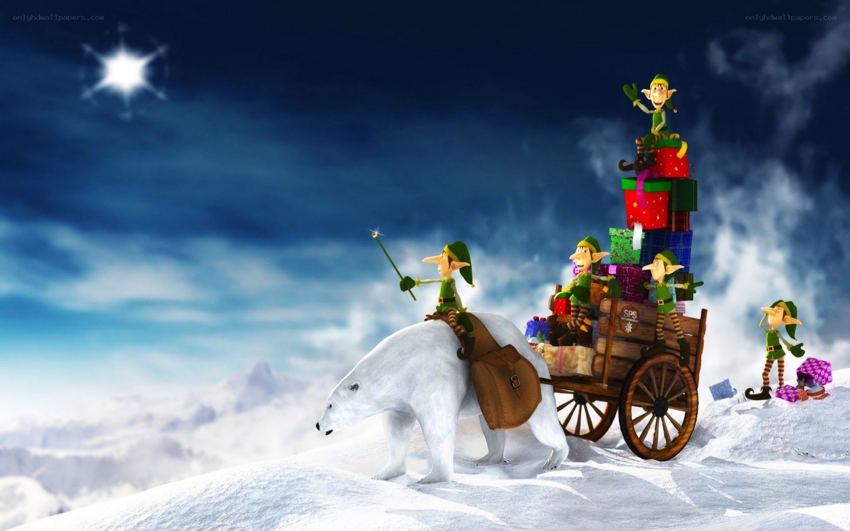 elves on a polar bear sleigh