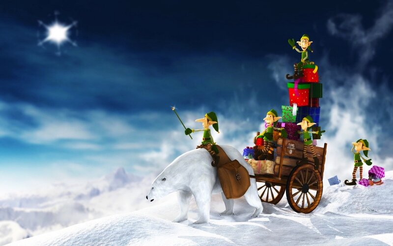 Elves on Polar Bear — White, Festive, Night