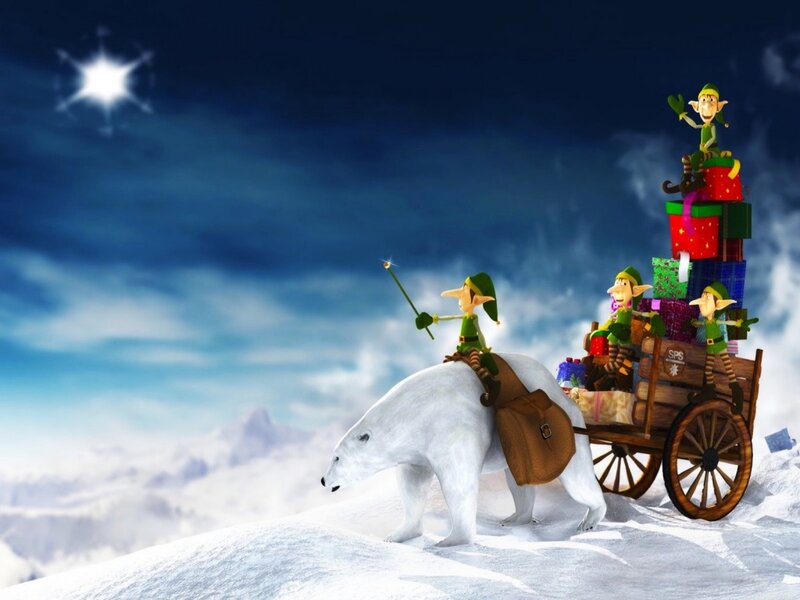 Elves on Polar Bear — White, Festive