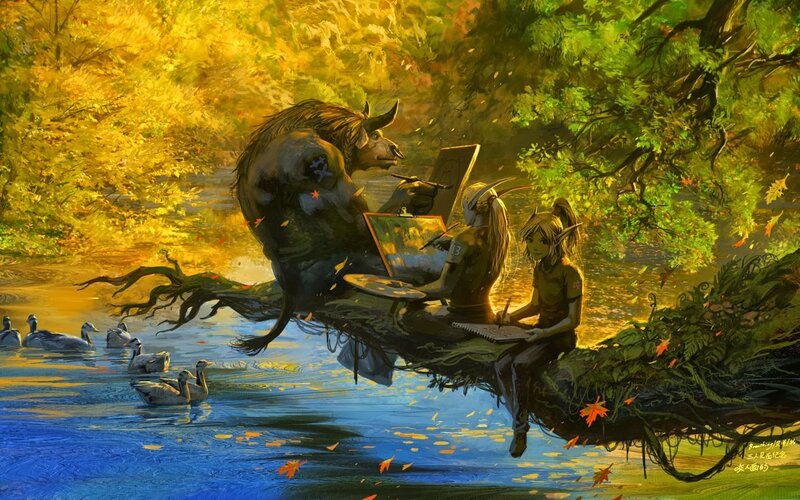 Elves Painting on a Branch