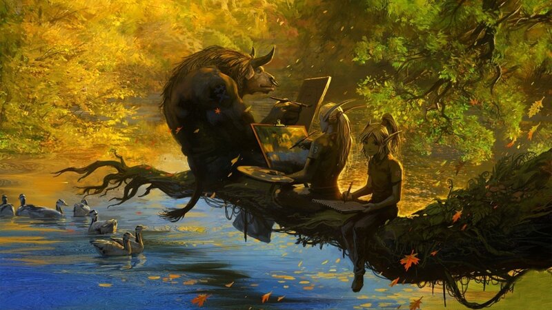 Elves Painting on a Branch — Yellow