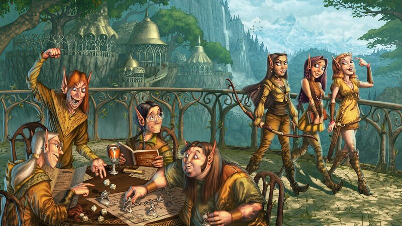 Elves Playing Tabletop Game — Green, Playful