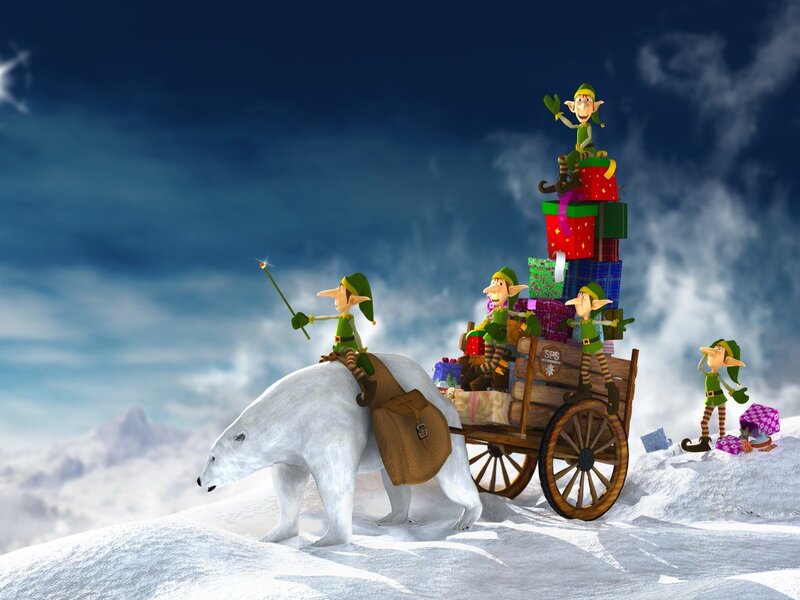 elves with polar bear and gifts
