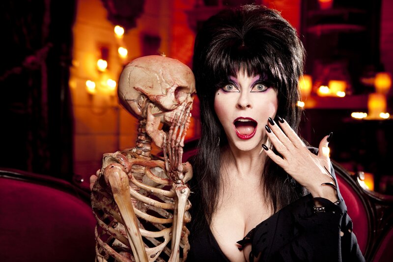 Elvira with skeleton prop