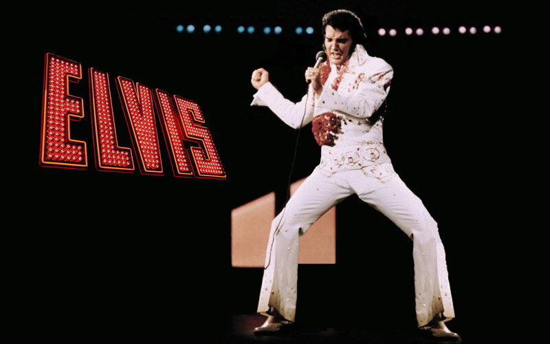 Elvis Presley on Stage — Black, Dramatic, Night, Photograph, Microphone, White Jumpsuit