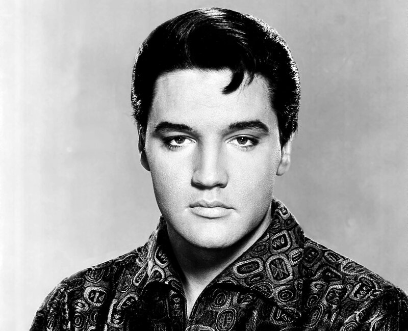 Elvis Presley Portrait — Black, Serious, Photograph, Patterned Shirt