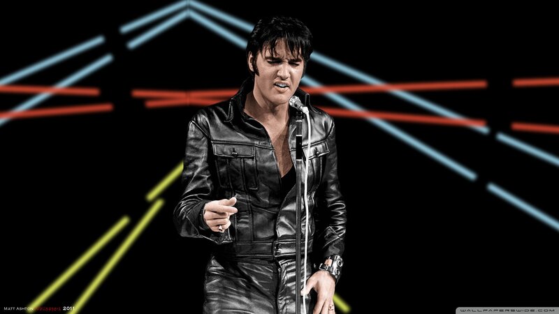 Elvis Presley Singing — Black, Dramatic, Night, Photograph, Microphone, Leather Jacket