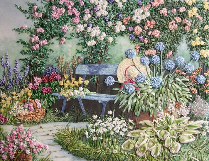 Embroidered Garden Scene — Green