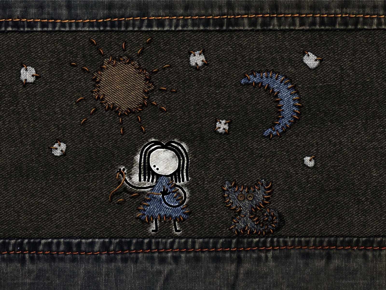 Embroidered sky scene on denim