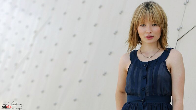 Emily Browning in a blue dress