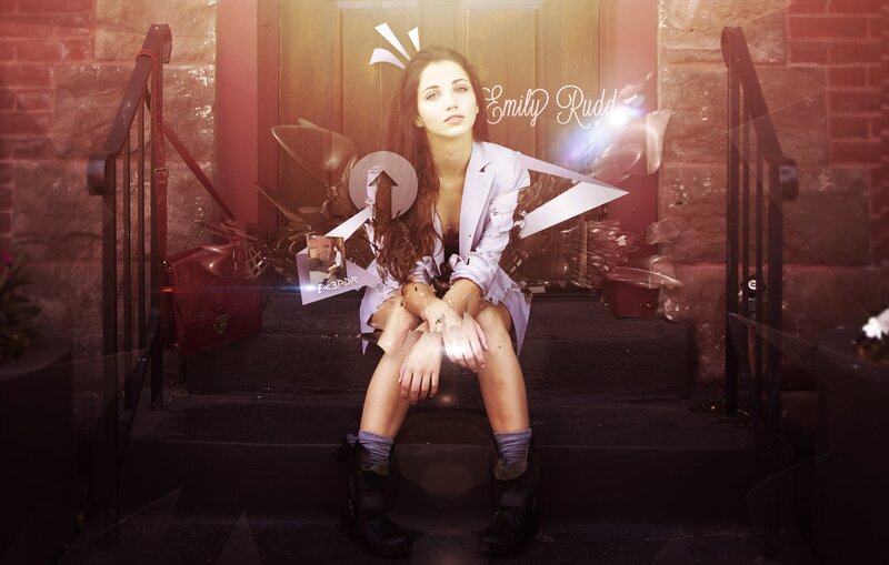 Emily Rudd on steps with digital effects
