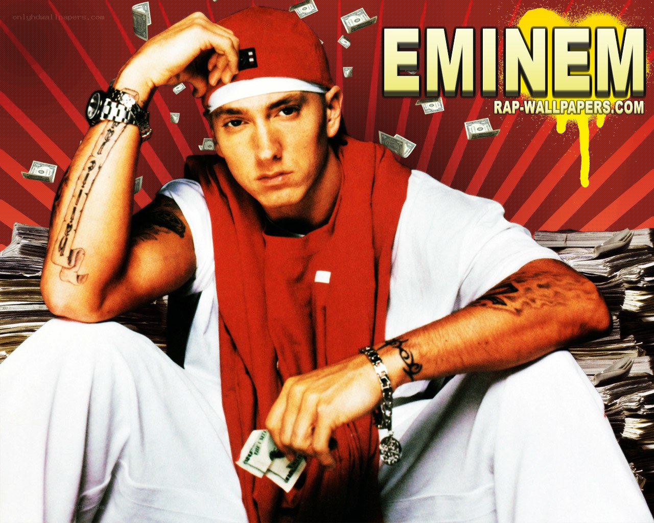Eminem with money stacks