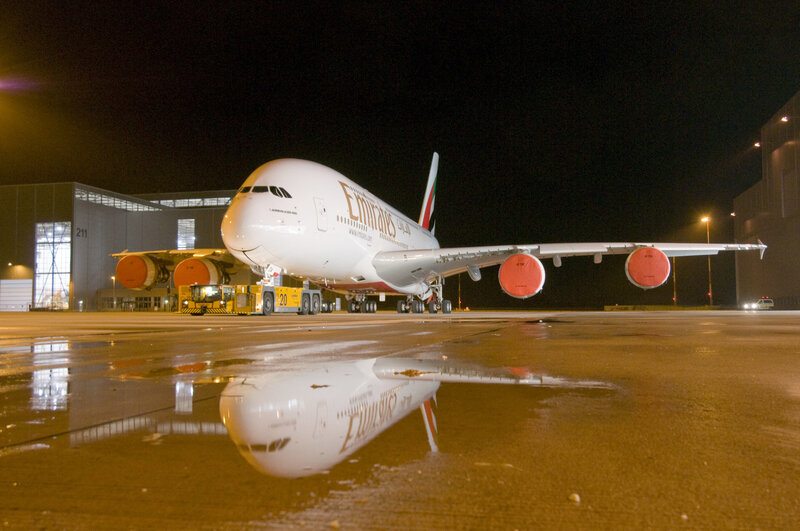 Emirates A380 at night