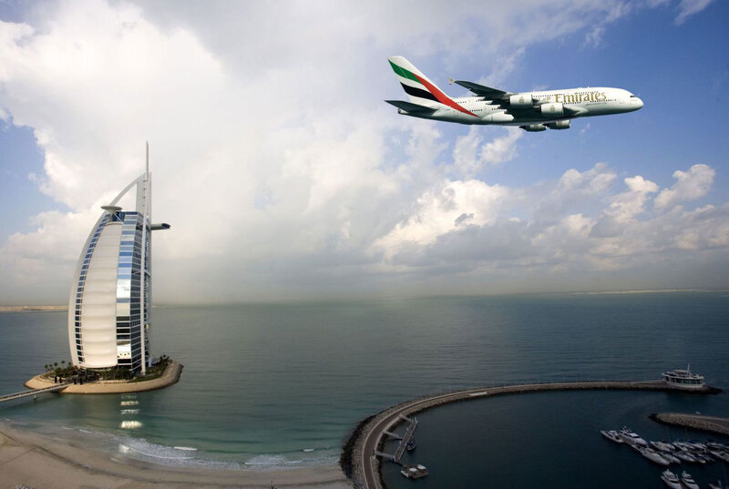 Emirates A380 over Burj Al Arab