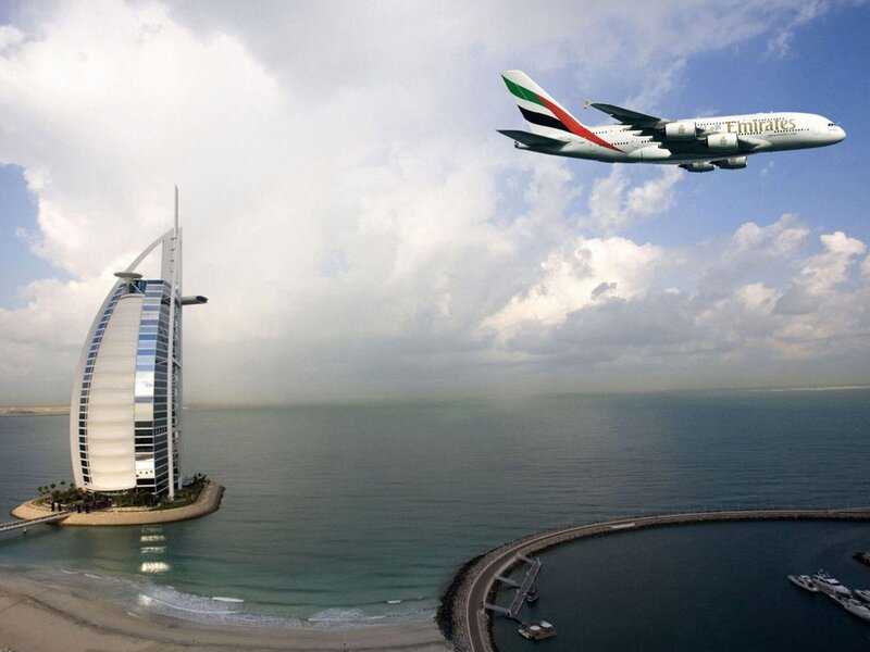 Emirates Airplane over Dubai — Blue, Serene