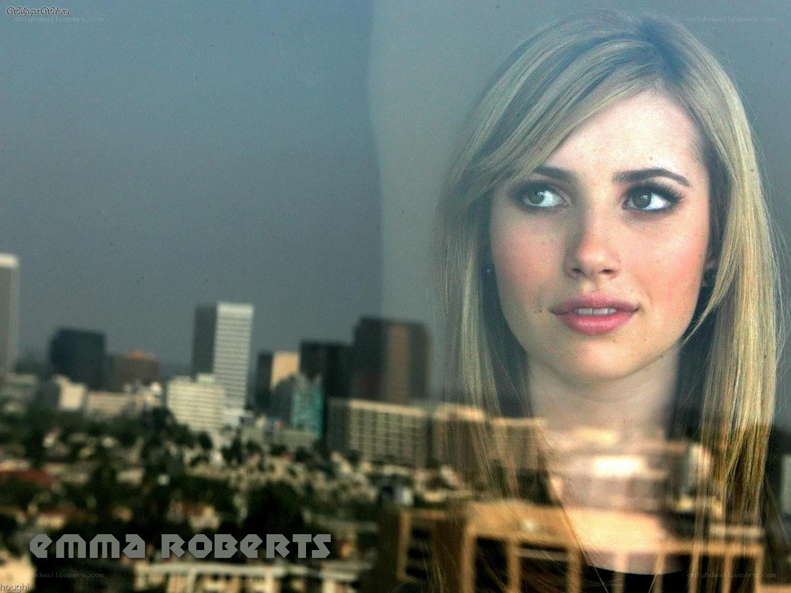 Emma Roberts portrait with city view