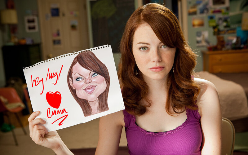 Emma Stone holding caricature