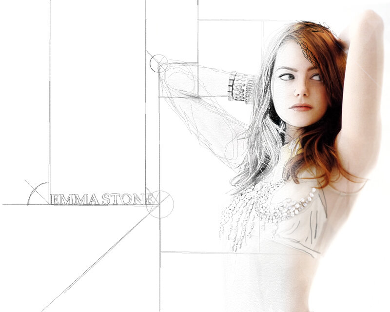 Emma Stone portrait with sketch lines