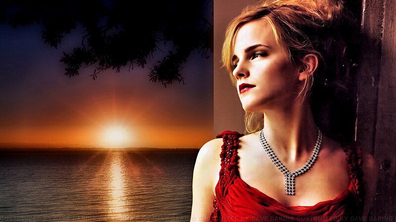 Emma Watson in red dress at sunset