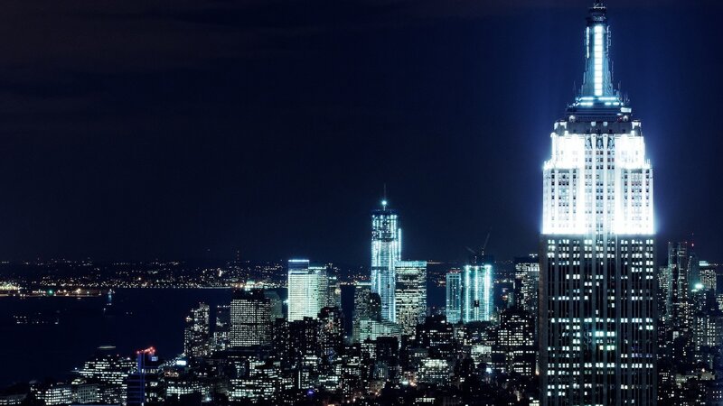 Empire State Building at Night — Blue, Dramatic, Photograph, City Skyline