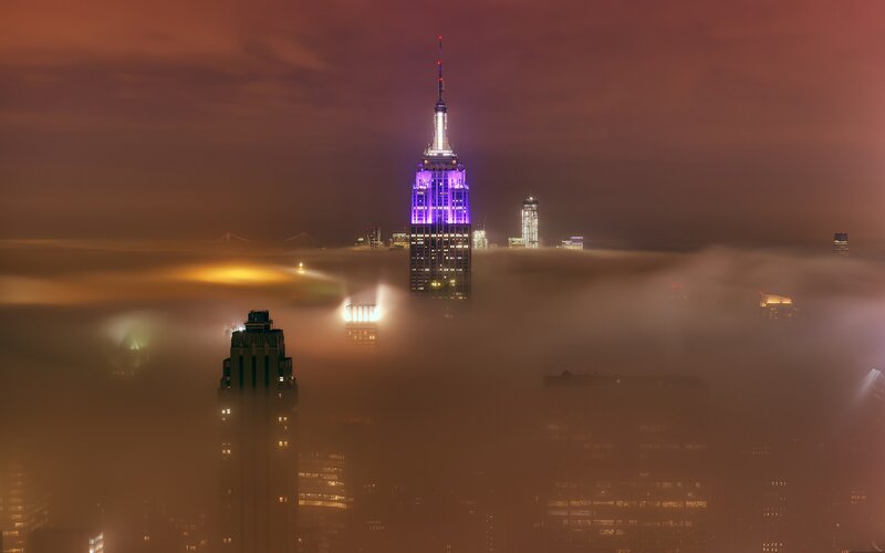 Empire State Building at Night — Purple, Dramatic, Photograph, Fog, Cityscape
