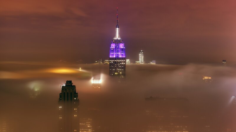 Empire State Building at Night — Purple, Dramatic, Photograph, Fog, Skyscrapers