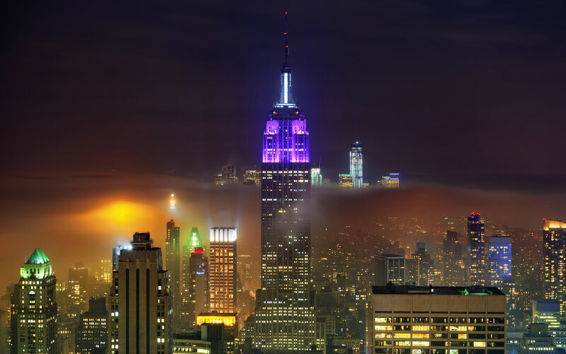 Empire State Building at Night — Purple, Dramatic, Photograph